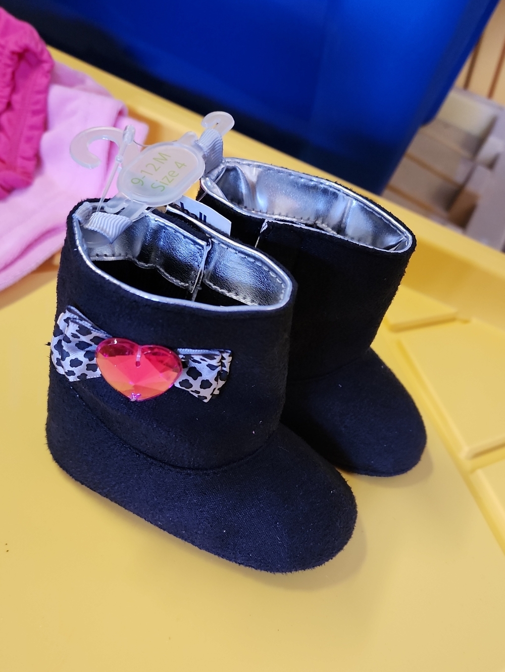Black Baby Booties with Heart Accent - Baby Toddler Boot Shoes Size 4 9-12 Mths